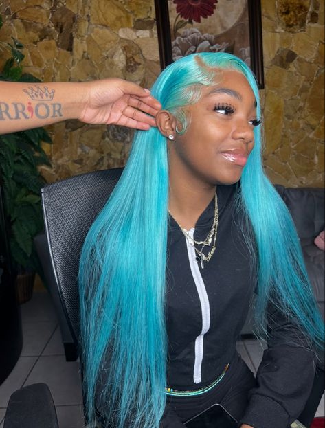 Blue Frontal Wig, Baby Blue Wig, Blue Wig Install, Cute Weave Hairstyles, Straight Short Hair, Frontal Wig Install, Sew In Wig, Teenage Hairstyles, Frontal Wig Hairstyles