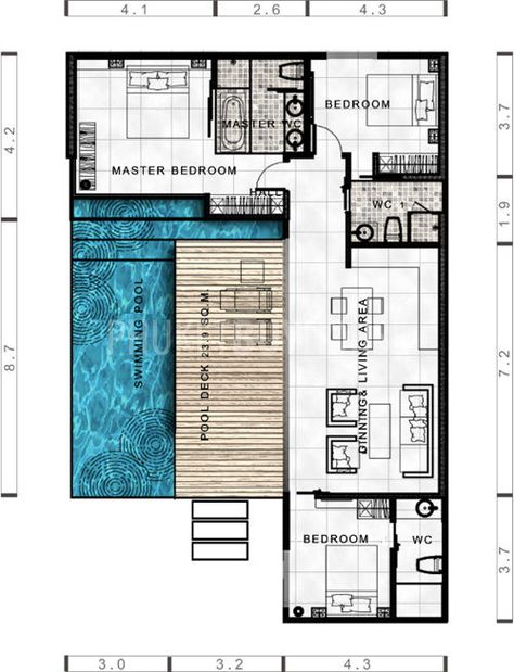 LAY4524: Tropical modern villa with 3 bedrooms - Phuket Buy House Case A Un Piano, House With Swimming Pool, L Shaped House, Small Villa, Shipping Container Home Designs, Pool House Plans, Building A Container Home, Villa Plan, House Layout Plans