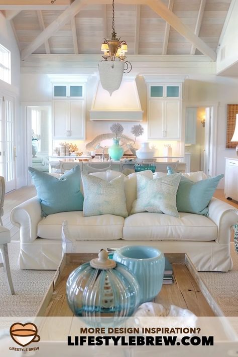 Embracing Coastal Living Room Design: Ideas and Inspirations - LifeStyle Brew Beach Cottage Aesthetic Living Room, Light Blue Coastal Aesthetic, Coastal Home Aesthetic, Beach Theme Living Room Sofas, Ocean Cottage Living Room, Living Room Ocean Theme, Coastal Casual Living Room, Coastal Cottage Living Room, Cottage Room