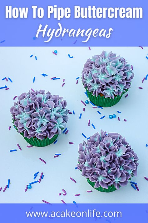 purple buttercream hydrangea cupcakes Hydrangea Icing Tip, Buttercream Hydrangea Cake, Hydrangea Cupcakes Tip, Hydrangea Icing Flowers, How To Pipe Hydrangea Flowers, Hydrangea Buttercream Flowers, Piping Hydrangea Flowers, Buttercream Hydrangea Tutorial, Hydrangea Cake Decoration