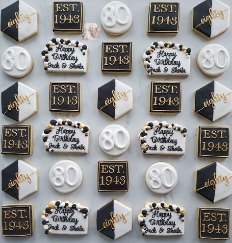 90th Birthday Decorations Ideas, 80th Birthday Treats, 80th Birthday Color Theme, 80th Birthday Party Cookies, 80th Birthday Cookies For Men, 80 Birthday Cookies, 70 Birthday Cookies, 80th Birthday Cookies Decorated, 90th Birthday Cookies