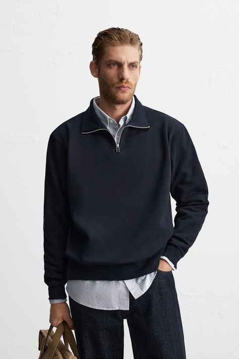 QUARTER ZIP SWEATSHIRT - Navy blue | ZARA United States Black Sweater Outfit, Polo Quarter Zip, Collar Sweatshirt, Cargo Shirts, Collared Sweatshirt, Trench Jacket, Quarter Zip Sweater, Shirt Blouses Tops, Quarter Zip Sweatshirt