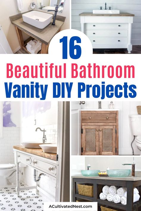 16 Beautiful Bathroom Vanity DIY Projects- Want to update your bathroom on a budget? Check out these beautiful bathroom vanity DIY projects to give your bathroom a fresh new look! | #diyProjects #bathroomDIY #bathroomDecor #bathroomRenovation #ACultivatedNest Built In Vanity In Bathroom, Updating Bathroom Vanity, Bathroom Vanity Renovation, Bathroom Vanity Diy, Vanity In Bathroom, Dresser Vanity Bathroom, Cheap Bathroom Vanities, Beautiful Bathroom Vanity, Vanity Diy