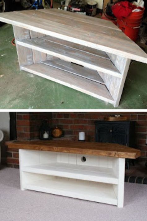 Simple Tv Stand Ideas Diy, Corner Tv Stand Diy, Easy Diy Tv Stand, Unique Tv Stand Ideas, Diy Corner Tv Stand, Homemade Tv Stand, Tv Stand Diy, Diy Tv Stand Ideas, 55 Inch Tv Stand