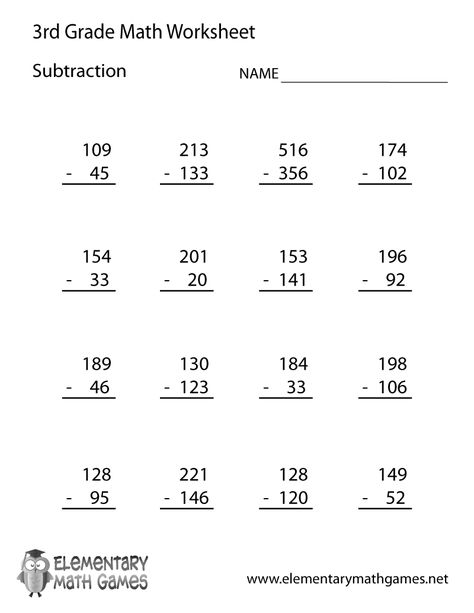 Third Grade Subtraction Worksheet Printable Math Subtraction Worksheets, Third Grade Math Worksheets, Math Fact Worksheets, Math Practice Worksheets, Worksheets For Grade 3, Free Printable Math Worksheets, Math Subtraction, 3rd Grade Math Worksheets, Math Sheets