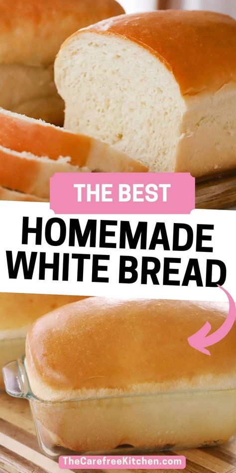 This Homemade White Bread recipe is soft, delicious, and easy to make. It’s buttery on the outside, fluffy on the inside, and makes the best sandwich bread or breakfast toast. #homemadebread #whitebread #bake #thecarefreekitchen Fluffy White Bread Recipe, Soft White Bread Recipe, Best Sandwich Bread, Fluffy Bread Recipe, Amish Bread Recipes, Easy White Bread Recipe, Soft Bread Recipe, Loaf Bread Recipe, Homemade Sandwich Bread