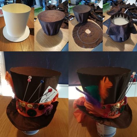 Mad Hatter Hat Design, Mad Hatter Outfit Ideas For Men, How To Make Mad Hatter Hat, Mad Hatter Hat Diy, Mad Hatter Costume Men, Mad Hatter Outfit Ideas, Mad Hatter Costume Female Diy, Diy Mad Hatter Hat, Steampunk Mad Hatter