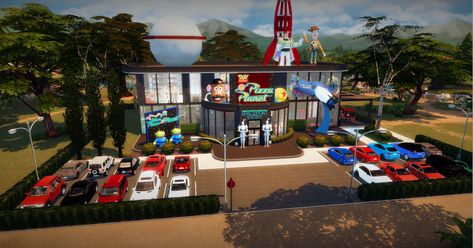 Sims 4 Birthday Party Lot, Sims 4 Builds Cc, Lotes The Sims 4, Arcade Room, Pizza Planet, Play Sims, Toy Story Party, Sims 4 Build, Sims House