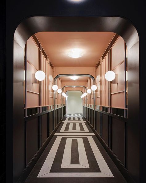 Clippings on Instagram: “Beauty break: Australian @studiotate designed these elegant restrooms for a high-end shopping centre in Melbourne. Inspired by European…” Art Deco Hotel, Hotel Corridor, Hotel Lobby Design, Hotel Hallway, Corridor Design, Restaurant Lighting, Lobby Design, Cabinetry Design, Salou