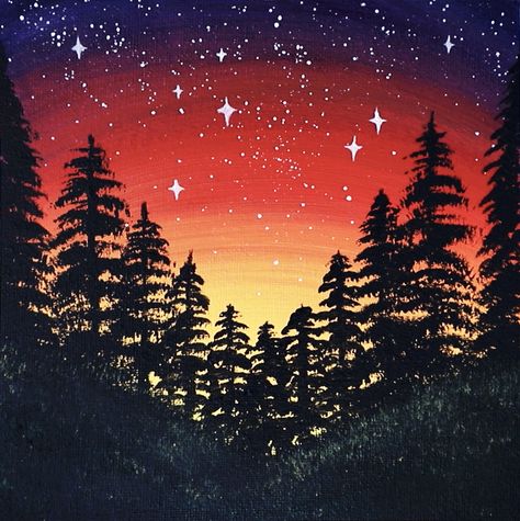 At Home Paint Night Ideas, Night Landscape Painting, Starry Night Landscape, Night Acrylic Painting, Paint Parties, Paint Nite, Cd Art, Family Painting, Paint Night