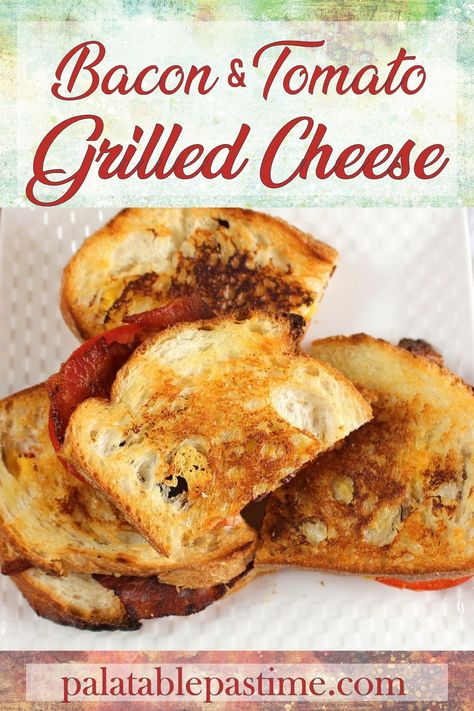 Bacon Tomato Grilled Cheese combines the best parts of a BLT and a grilled cheese in one delicious toasted sandwich on sourdough bread. via @suelau1 Blt On Sourdough, Tomato Bacon Grilled Cheese, Bacon And Tomato Sandwich, Grilled Cheese With Bacon And Tomato, Sourdough Grilled Cheese Sandwiches, Sourdough Sandwich Ideas, Sandwich On Sourdough, Bacon Grilled Cheese Recipes, Fancy Grilled Cheese Recipes