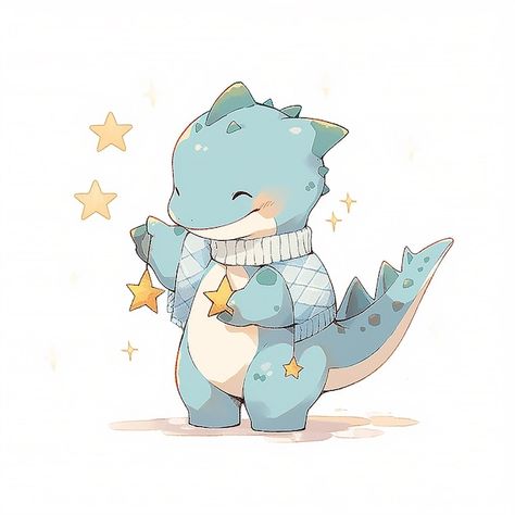 Kawaii Characters, Christmas Dragon, Christmas Blue, Dinosaur Theme, Blue Dragon, Golden Star, Dragon Drawing, Art Inspiration Drawing, Cute Christmas