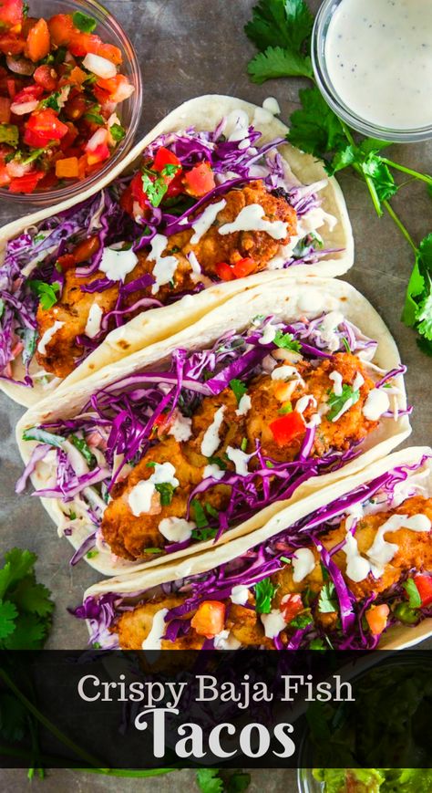 Purple Cabbage Recipes, Crispy Fish Tacos, Tasty Tacos Recipe, Cilantro Lime Shrimp Tacos, Cod Fish Tacos, Fish Tacos With Cabbage, Fried Fish Tacos, Baja Fish Tacos, Cilantro Lime Shrimp