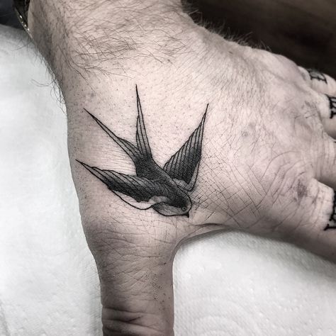 Little swallow hand tattoo Swallow Hand Tattoo, Hand Tattoo Cover Up, Traditional Swallow Tattoo, Inner Elbow Tattoos, Throat Tattoo, Finger Tats, Hand And Finger Tattoos, Swallow Tattoo, Hand Tats