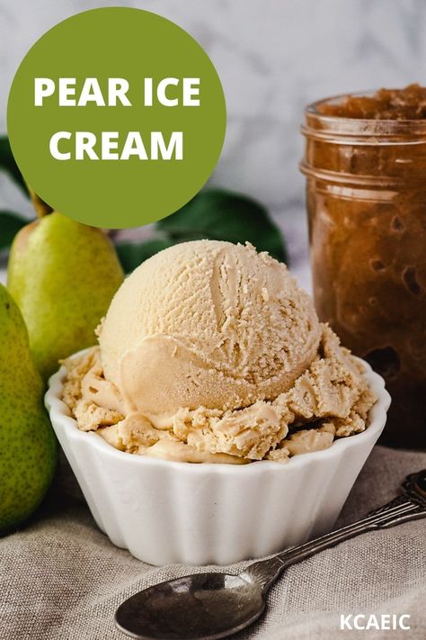 This homemade caramelized pear ice cream with ginger is fresh and delicious. With rich brown sugar caramel and warming ginger it's packed with Fall flavors. Pear Ice Cream Recipes, Ginger Ice Cream Recipe, Baked Pear With Ice Cream, Pear Gelato, Vegan Pear Ice Cream, Non Dairy Peach Ice Cream, Fall Ice Cream Recipes, Pear And Ginger Crumble, Pear Ice Cream