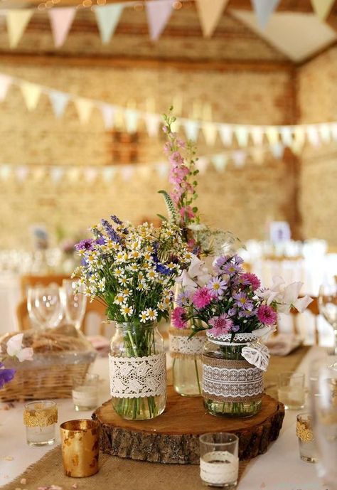 Uk Spring Wedding, Jam Jar Wedding, Wedding Table Styling, Jam Jar Flowers, Wedding Flowers Centerpieces, Barn Wedding Centerpieces, Jar Flowers, Wedding Centerpieces Mason Jars, Beautiful Wedding Centerpiece