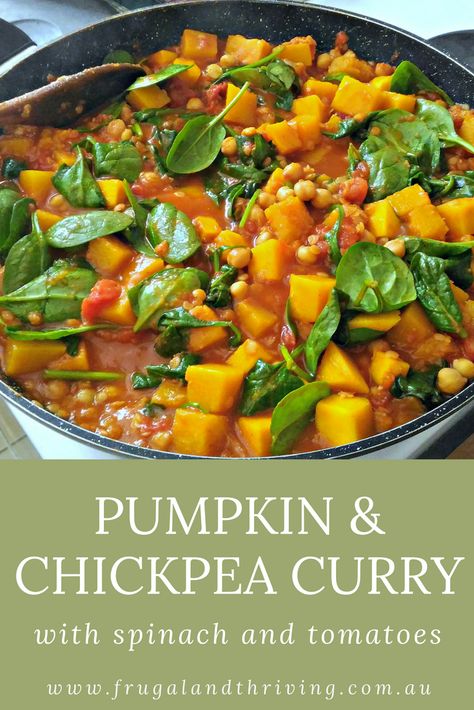 Vegan Pumpkin Curry, Pumpkin Curry Recipe, Pumpkin Chickpea, Curry With Spinach, Pumpkin Recipes Healthy, Pumpkin Curry, Vegetarian Curry, Chickpea Recipes, Chickpea Curry