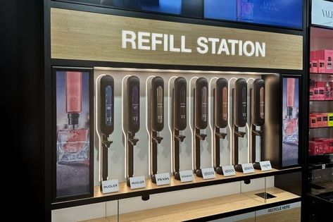 In-Store Perfume Refill Stations Soap Refill Station, Refill Station Design, Kid Skincare, Refill Store, Ulta Store, Refill Station, Reuse Bottles, Solar Punk, The Perfume Shop