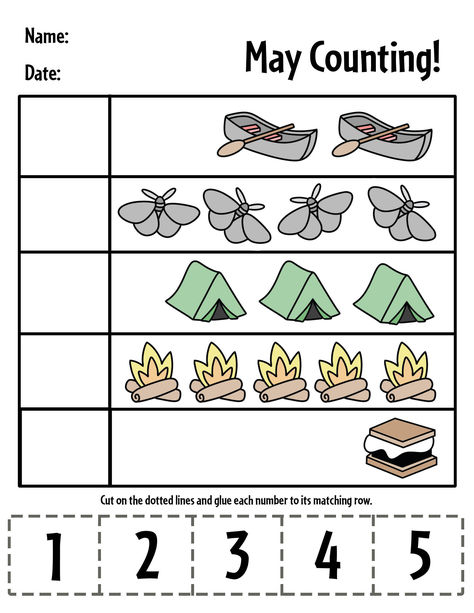 Print your Free May Counting Page for Preschool, along with 11 other May Worksheets for Pre-K! Have fun with a camping.nature theme!  May Printables for Preschool | May Coloring Pages | May Worksheets for Preschool | Camping Theme Campfire Preschool Activities, Camp Preschool Activities, Camping Math Activities For Toddlers, The Great Outdoors Theme Preschool, Pre K Camping Theme Activities, Camping Worksheets For Preschool, May Worksheets, Camping Preschool Theme, Camping Activities For Preschool