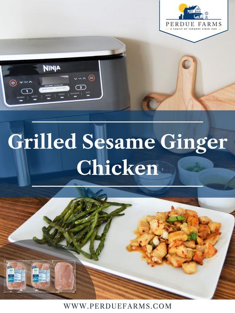 2 Basket Air Fryer Recipes, Basket Air Fryer Recipes, Sesame Ginger Chicken Recipe, Ninja Foodie Recipes, Sesame Ginger Chicken, Ginger Chicken Recipes, Ninja Cooking System Recipes, Ninja Kitchen, Sesame Ginger