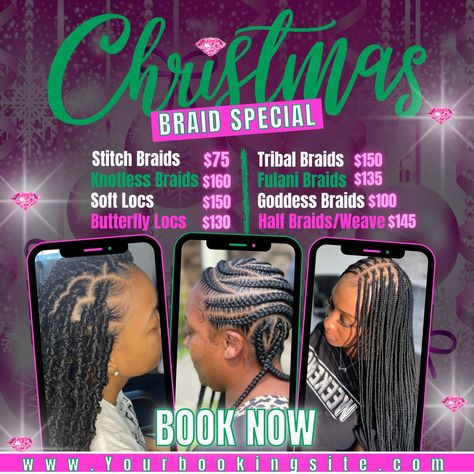 Christmas Braid Special Flyer Hair Business Price List Ideas, Hair Prices Ideas, Hair Braider Flyers Ideas, Box Braids Price List, Hair Stylist Price List Template, Hairstyles Price List, Knotless Braids Price List, Braid Price List Ideas, Hair Braiding Price List