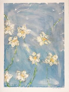 Narcissus Art, Self And Society, Monoprint Ideas, White Daffodils, Blue And White Art, Neutral Prints, Spring Art, Blue Painting, Monoprint