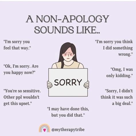 Lindsey •LCSW •C-SSWS • CATP on Instagram: “A non apology sounds like... Credit 📷 @mytherapytribe 💯 | Follow @ontheothersideofthecouch for daily posts 💗 | Follow…” Monster In Law, Mental Health Month, Radical Acceptance, Train Your Mind, Emotional Wellbeing, Self Compassion, Toxic Relationships, Deep Thought Quotes, Emotional Healing