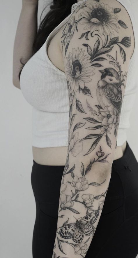 Floral Garden Tattoo Sleeve, Arm Garden Tattoo, Secret Garden Tattoo Sleeve, Flora And Fauna Tattoo Sleeve, Floral Animal Sleeve Tattoo, Garden Theme Sleeve Tattoo, Unique Flower Sleeve Tattoo, Cohesive Tattoo Sleeve, Botany Tattoo Sleeve