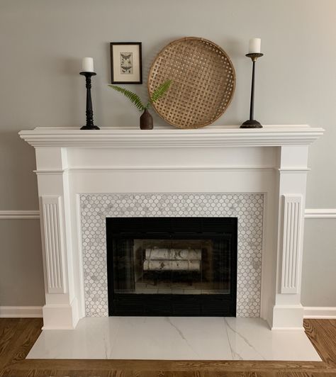 Fireplace Refresh, Glass Tile Fireplace, Mosaic Tile Fireplace, Tile Around Fireplace, Mosaic Fireplace, Marble Hearth, Hearth Tiles, Fireplace Facing, Fireplace Mantel Designs