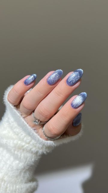 Aistė Haas on Instagram: "🌬️ Subtle winter vibes, major velvet feels. Shiny light blue is the new frost 🌨️❄️ •ad | Using: @kiaraskynails new Peri Twinkle color from the MagneticFX Collection | Discount Code: GREATNAILS _____ #bluenails #frenchnails #winternails #holidaynails #sparklynails #nailinspo" Light Blue Shiny Nails, Light Blue Winter Nails Acrylic, Blue Shiny Nails, Subtle Winter Nails, Light Blue Winter Nails, Frost Nails, Frosted Nails, Blue Glitter Nails, Velvet Nails