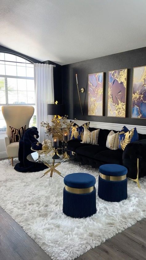 Blue And Gold Living Room, Glam Living Room Decor, Black Living Room Decor, Elegant Living Room Decor, Blue Living Room Decor, Glam Living, Gold Living Room, Glam Living Room, Living Room Decor Colors