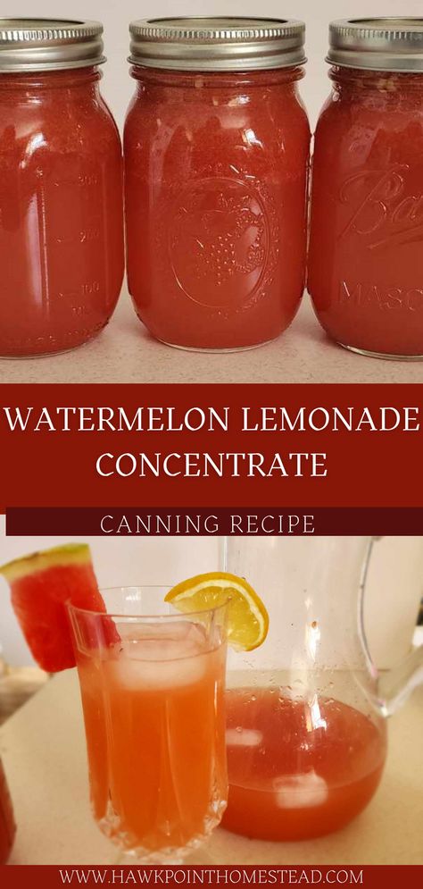 This watermelon lemonade concentrate canning recipe is such an easy way to have a refreshing drink ready to go at any time. Canning this concentrate allows you to have this delicious summer drink ready to make even during the cold days of winter! This takes just 3 ingredients and you can have this refreshing lemonade with the wonderful taste of watermelon at a moment’s notice. This watermelon lemonade is the perfect summer drink for BBQs, picnics, poolside parties and more! Canning Melon Recipes, Watermelon Lemonade Concentrate, Watermelon Canning Recipes, Lemonade Concentrate Canning, Canning Watermelon, Bourbon Bbq Sauce Recipe, Canning Jam Recipes, Melon Recipes, Canned Spaghetti Sauce