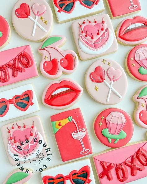 Checkered Cookies Decorated, Fancy Decorated Cookies, Key Cookies Decorated, Cherry Decorated Cookies, Girly Decorated Cookies, Fun Sugar Cookies Decorated, Hot Pink Cookies, Galentine Party Cookies, Cherry Cookies Decorated