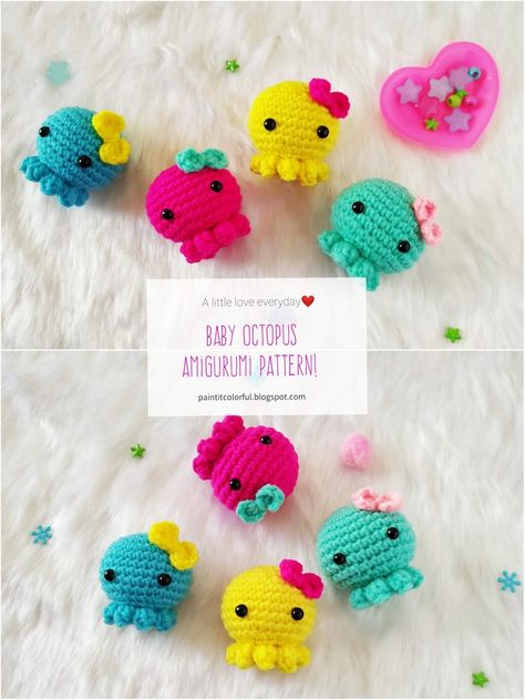 Amigurumi Baby Octopus - A little love everyday! Crochet Baby Octopus, Octopus Crochet Pattern, Crochet Keychains, Baby Octopus, Crocheted Animals, Mini Amigurumi, Crochet Geek, Confection Au Crochet, Crochet Octopus