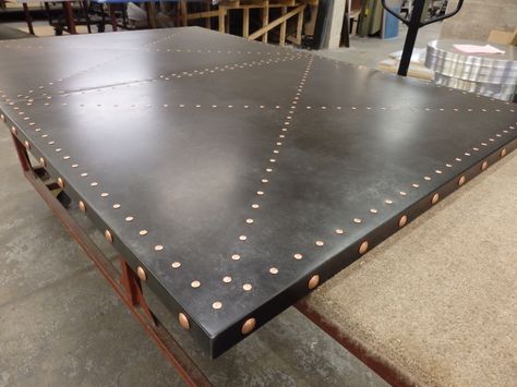 https://flic.kr/p/X23v7J | Zinc Table Top, Dark Patina, Copper studs Sheet Metal Furniture, Zinc Table Top, Zinc Countertops, Metal Countertops, Zinc Sheet, Zinc Table, Basement Inspiration, Patina Copper, Metal Sheets