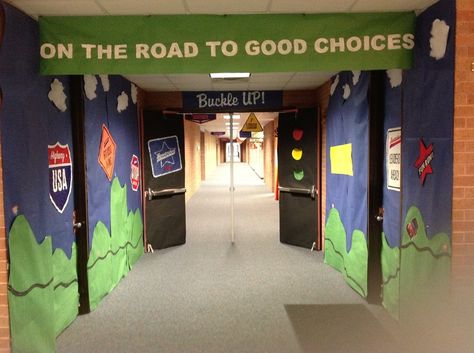 Highway USA is all about being "on the road to good choices." Road Trip Door Decoration, Road Trip Decorations For Classroom, Road Trip Hoco Theme, Road Trip School Theme, Road Trip Homecoming Theme, Road Trip Vbs Decorations, Road Trip Classroom Theme, Road Trip Vbs, Run The Race Bible