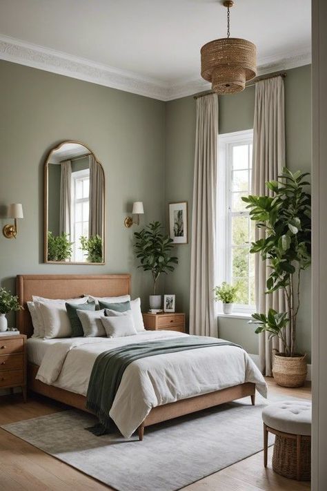 Amazing Decorating Ideas for your Home - Blushiee Cabin Green Interior, Master Bedrooms Sage Green, Natural Green Bedroom Ideas, Guest Bedroom Furniture Ideas, Green Natural Bedroom, Warm Green Bedroom, Warm Color Bedroom Ideas, Bedroom Inspirations Cozy Warm, Green Guest Bedroom