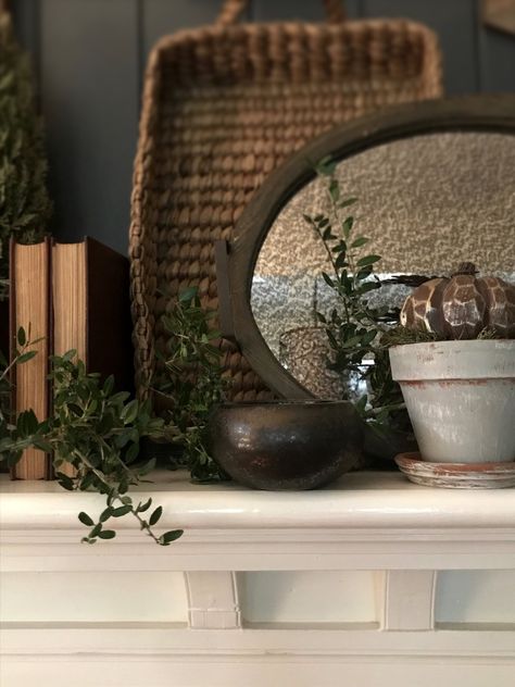 Earthy Mantle Decor, Moody Fireplace Mantle, Industrial Mantel Decor, Cottagecore Mantle Decor, Moody Mantle Decor, Moody Coastal Aesthetic, Cabin Mantle Decor, Books On Mantle, Moody Fireplace