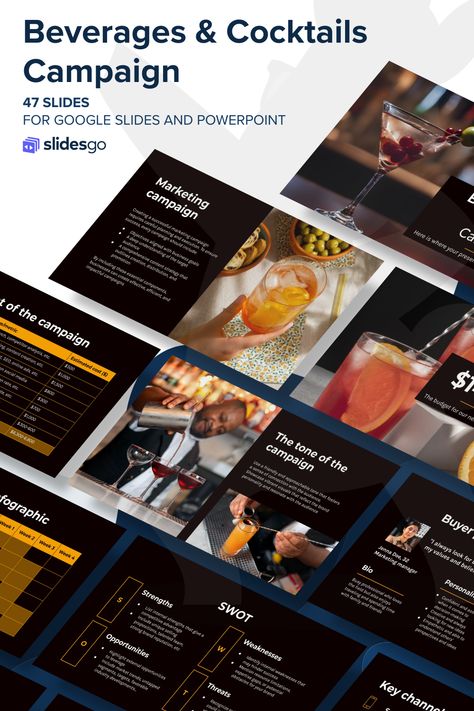 Beverages & Cocktails Campaign Cocktail Bar Social Media, Digital Marketing Ppt Design, Restaurant Powerpoint, Hotel Ppt Template, Wine Powerpoint Template, Power Point Template, Cocktail Glasses, Marketing Template, Google Slides Themes