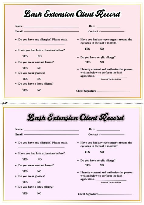 Lash Record Card, Lash Tech Paperwork, Eyelash Client Record, Lash Extensions Client Record, Lash Room Inspo Pink, Lash Client Forms, Lash Consultation Form, Small Lash Studio Ideas, Lash Company Name Ideas