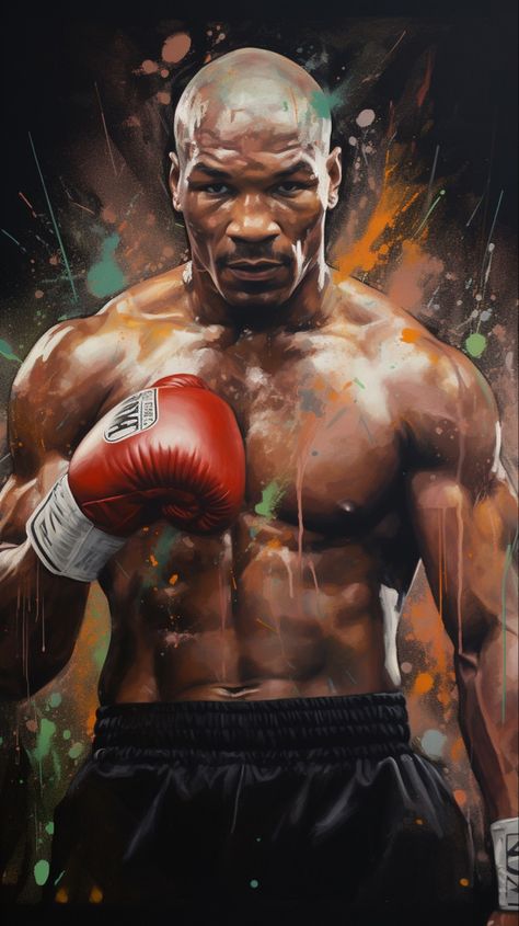 An iconic portrait of legendary boxer Mike Tyson, donning his signature black shorts and red boxing gloves, juxtaposed against an artistic backdrop of abstract paint blobs Mike Tyson Poster, Muhammad Ali Wallpaper, Mighty Mike, Red Boxing Gloves, Art Is, Boxing Images, Iron Mike, Sports Painting, Muhammed Ali