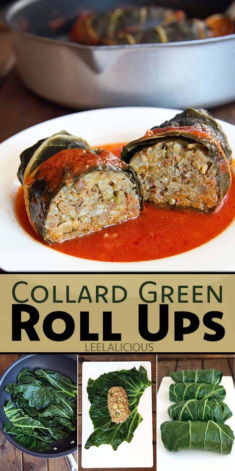 Stuffed Collard Green Roll Ups Recipe » LeelaLicious Stuffed Collard Greens, Collard Greens Recipe, Collard Green, Swiss Chard Recipes, Chard Recipes, Fancy Dinner Recipes, Roll Ups Recipes, Bacon Tomato, Vegetarian Entrees