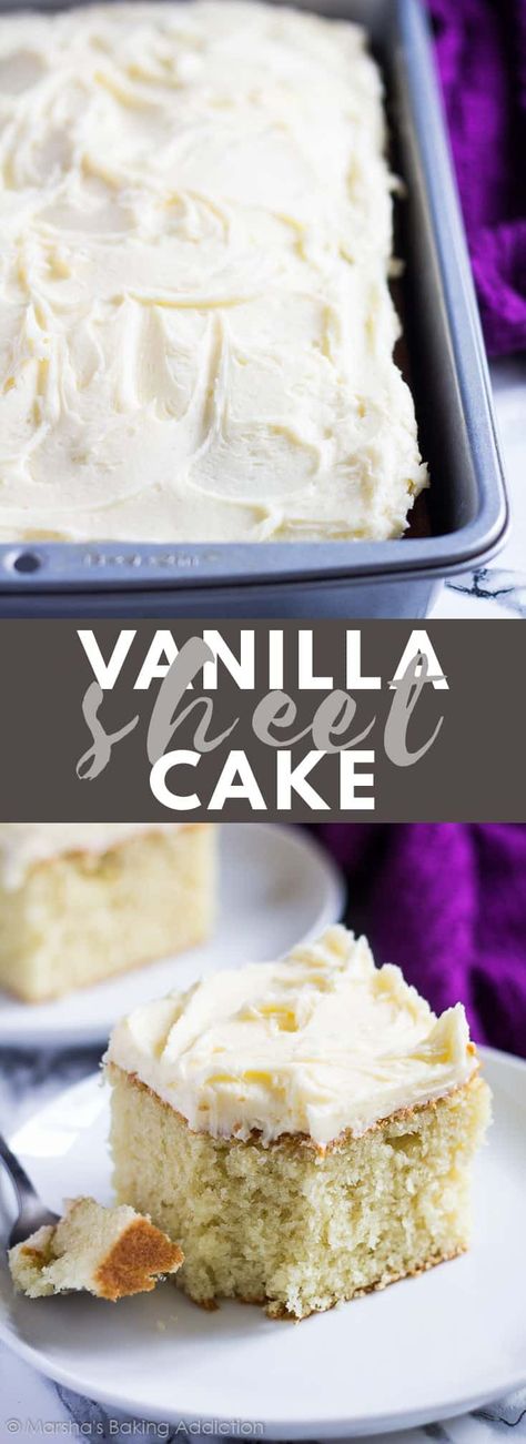 Perfect Vanilla Sheet Cake - Deliciously moist and fluffy vanilla cake baked in a rectangle pan, and topped with scrumptiously creamy vanilla buttercream frosting! #vanilla #sheetcake #cakerecipes #recipe Bday Desserts, Cake Receipt, 9x13 Desserts, Fluffy Vanilla Cake Recipe, Vanilla Sheet Cake, 9x13 Cake, Traybake Cake, Vanilla Sheet Cakes, Cannoli Shells