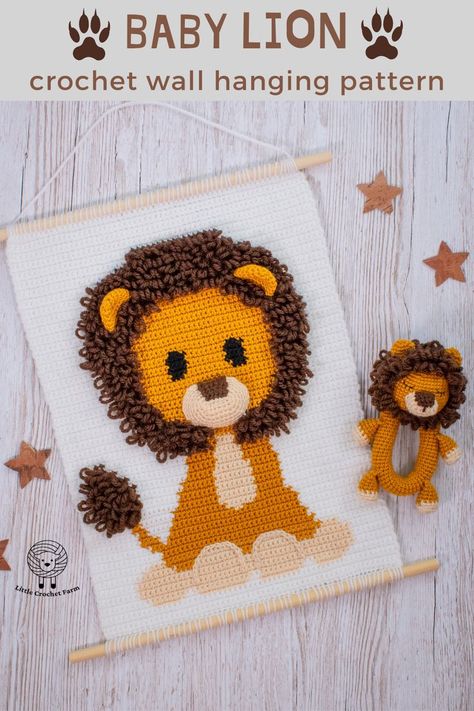 Diy Crochet Wall Hanging, Lion Wall Hanging, Lion Tapestry, Crochet Nursery Decor, Crochet Wall Hanging, Crochet Wall Art, Nursery Cross Stitch, Crochet Nursery, Crochet Lion