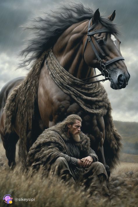 The elements and strength in every move. The Viking, leading his warriors into battle, symbolizes untamed power and determination. His war horse and the dark skies create a dramatic atmosphere full of energy and dynamism. #viking #battle #strength #power Viking Horse, Horse Warrior, Viking Battle, Warriors Illustration, Marvel Heroines, Full Of Energy, Native American Artwork, Viking History, High Fantasy