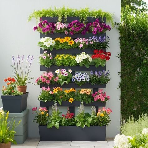 Stacked Planters, Vertical Flower Garden, Home Gardening Ideas, Wall Design Ideas, Small Yards, Front Yard Garden Design, Home Gardening, Air Bnb, Flower Gardening