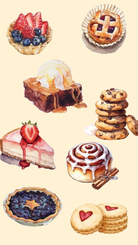 Desserts Drawing, Vintage Bakery, Food Art Painting, Kawaii Dessert, Food Illustration Art, Cute Food Drawings, Pastry Art, Food Wallpaper, Food Drawing