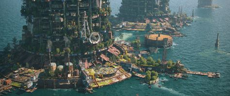 ArtStation - City on the water. Post-apocalypse, Alexandr Melentiev City On The Water, Floating City, Post Apocalypse, Fantasy Places, Environment Design, Story Inspiration, Post Apocalyptic, Sci Fi Fantasy, Fantasy Landscape