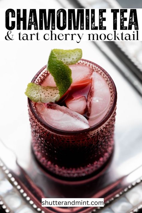 Tart Cherry and Chamomile Sleepy Mocktail - Shutter + Mint Sleepy Time Cocktail, Tart Cherry Mocktails Sleep, Calm Magnesium Mocktail, Bedtime Tea Recipes, Non Alcoholic Night Cap, Bedtime Cocktail, Night Time Mocktail For Sleep, Night Time Drinks For Sleep, Bedtime Mocktails