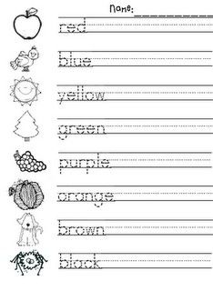 Practice color words - trace, write, color. K (NOTE: save as a PDF first; when I printed straight from Google, it came out weird. I've used CutePDF for years, it's free to download.) Handwriting Practice Free, Color Practice, Kindergarten Colors, Color Words, Spelling And Handwriting, Preschool Colors, Handwriting Worksheets, Kindergarten Writing, School Worksheets